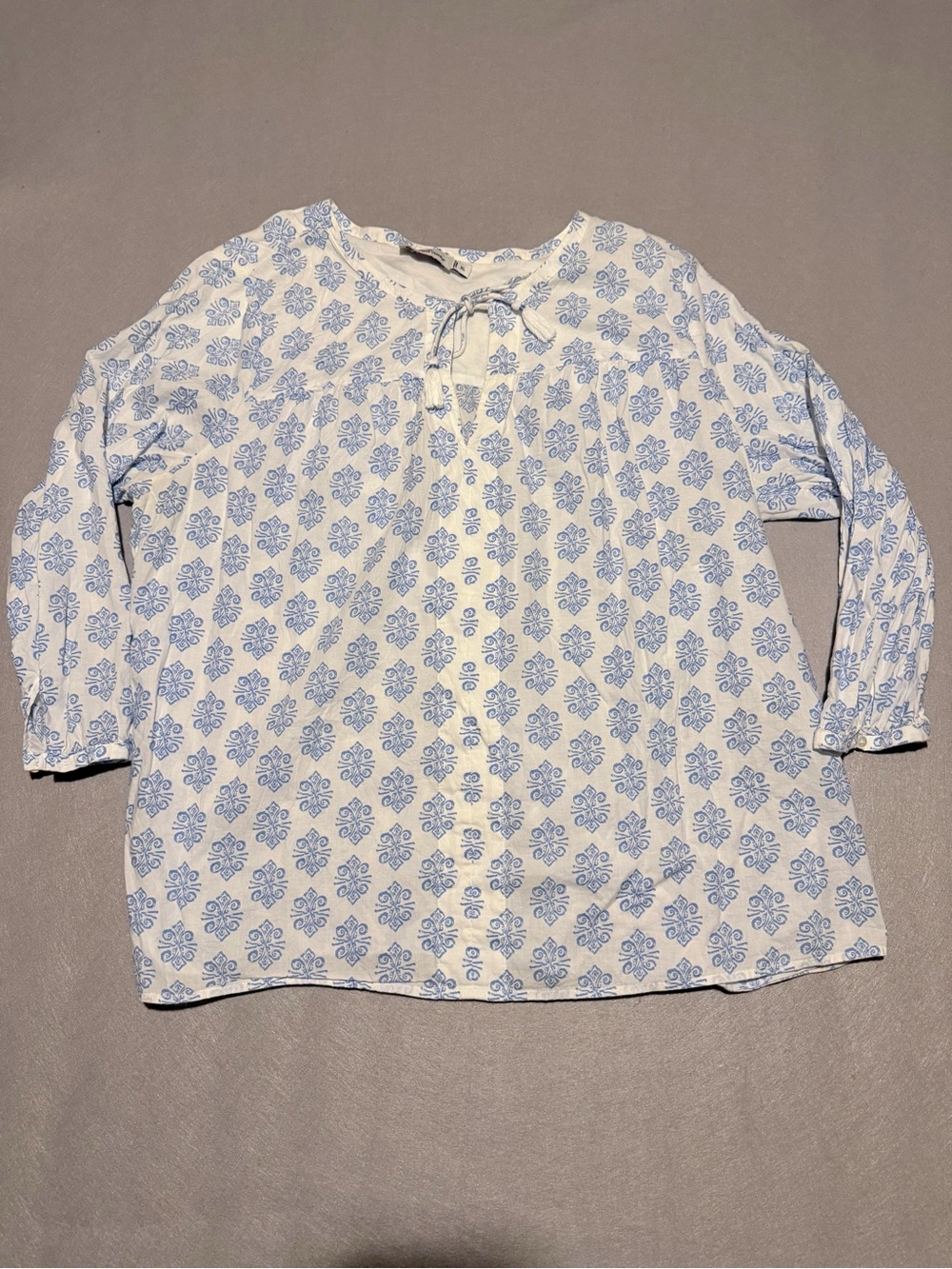 Vineyard Vines Tunic Top XL Blue White Print Cotton Tassel Tie Blouse